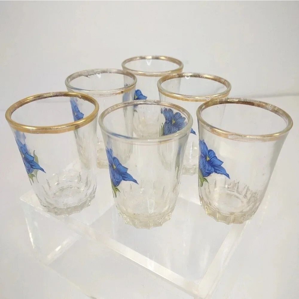 Vintage Shot Glasses With Blue Flower Pattern France Set of Six - Picture 5 of 11